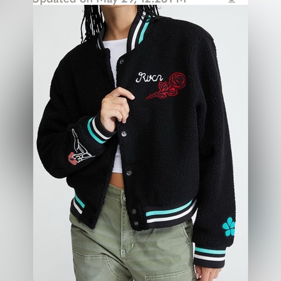 NWT RVCA Dream Team Bomber Jacket, black with rainbow, women’s size Medium, - Picture 1 of 12